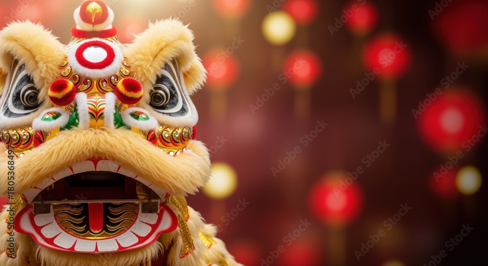 Fototapeta premium ornate lion dance costume with golden fur during chinese new year celebration