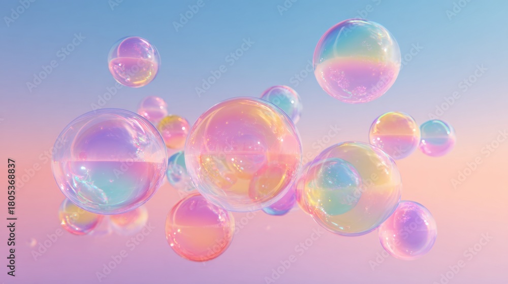 Naklejka premium A bunch of colorful bubbles floating in the air. The bubbles are of different colors and sizes, creating a vibrant and playful atmosphere. Concept of joy and wonder, as if the bubbles are dancing
