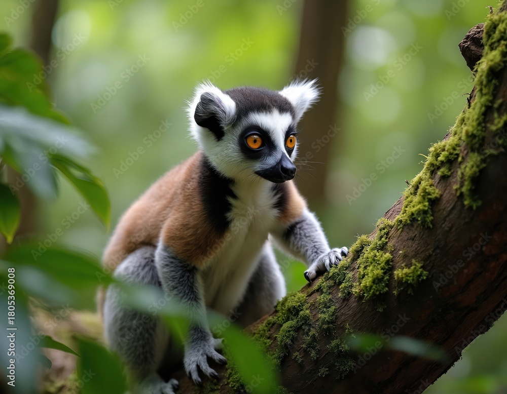Obraz premium Curious lemur observes rich forest surroundings from mossy tree branch. Wild primate looks intently with bright orange eyes. Rare mammal explores natural habitat, tropical jungle environment, active
