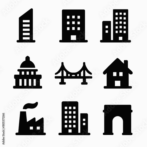 Collection of various building icons including bridge and factory symbols