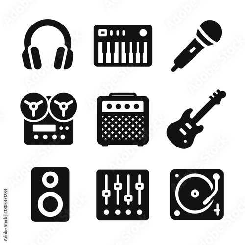 Black music icons set: headphones, keyboard, microphone, guitar, amplifier, mixer, turntable
