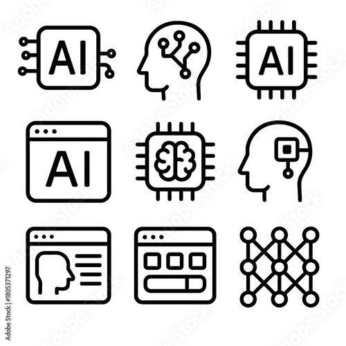 Set of ai and neural network icons representing artificial intelligence concepts