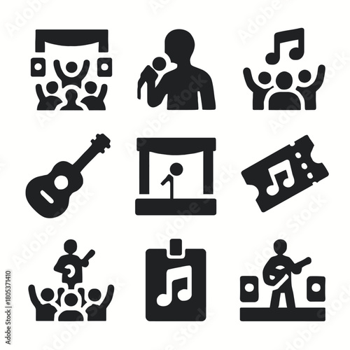 Music icons set featuring instruments, concerts, and performers