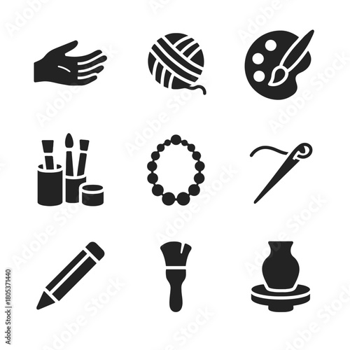Creative hobbies icons set: painting, sewing, pottery, knitting, jewelry making tools