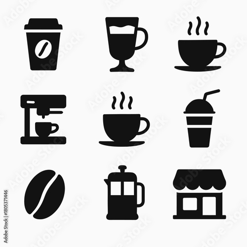 Coffee icon set: cups, mugs, machine, beans, cafeteria