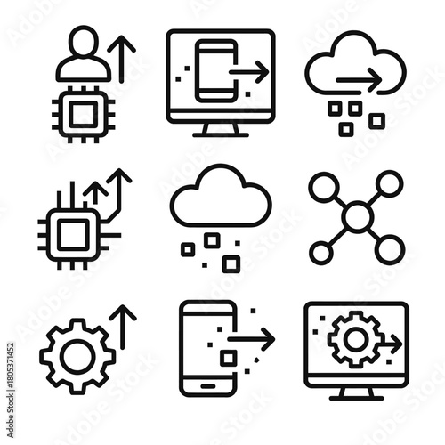 Technology icons: cloud computing, data transfer, and networking systems