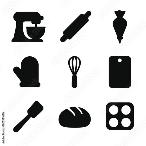 Kitchen tool icons: mixer, rolling pin, oven mitt, whisk, cutting board, bread, muffin tray