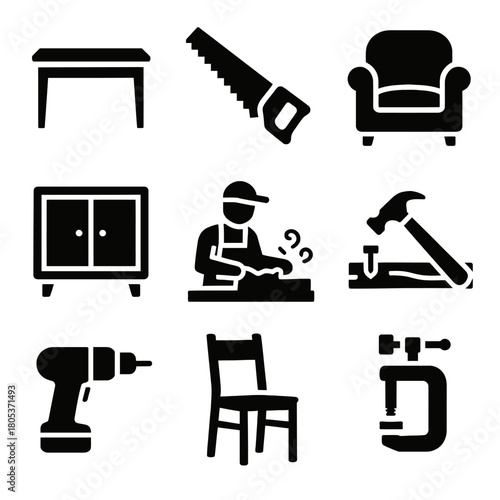 Black silhouette icons of carpentry tools and furniture