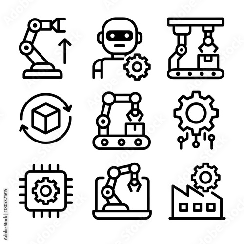 Robotics and automation: industrial robots and ai technology icons