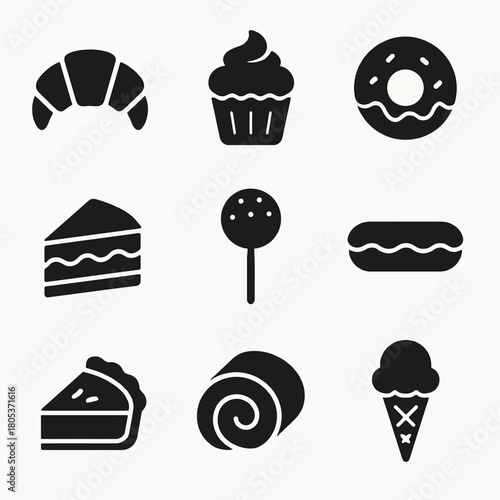 Silhouette icons of pastries and sweets: croissant, cupcake, donut, eclair, ice cream