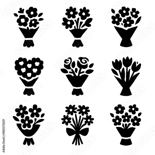 Silhouettes of nine distinct flower bouquets in various arrangements
