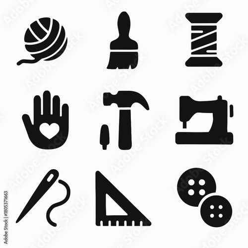 Crafting and sewing tools icons: yarn, paintbrush, thread, hand, hammer, sewing machine, needle, ruler, buttons