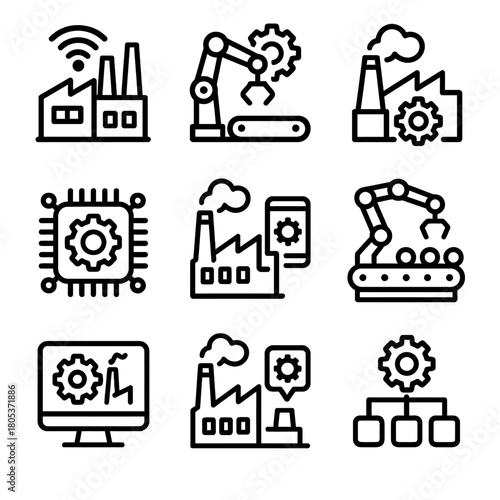 Industrial automation and smart factory icon set featuring robotics and technology integration