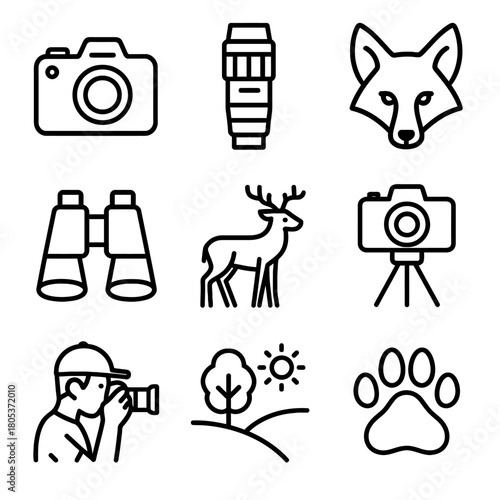 Wildlife photography essentials: camera, binoculars, tripod, lens, nature icons