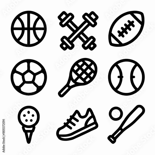 Outline icons: basketball, dumbbells, football, soccer, tennis, baseball, racket, shoe, bat