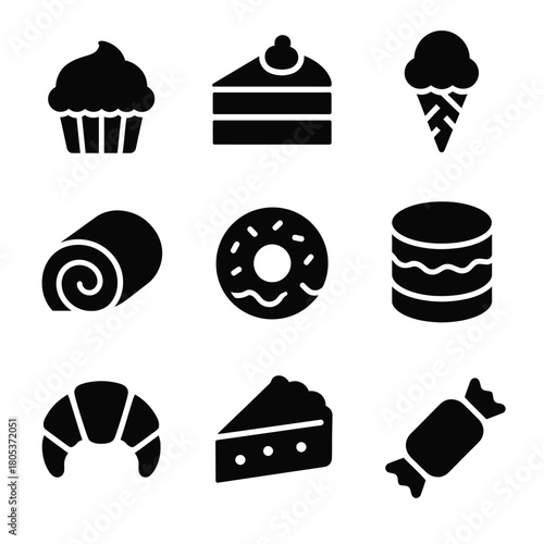 Silhouette icons of desserts: cupcake, cake slice, ice cream cone and more