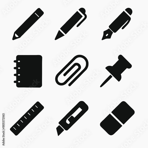 Collection of stationery icons: pencil, pen, notebook, paperclip, ruler, eraser