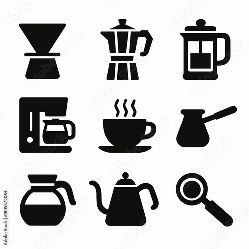 Collection of coffee brewing equipment icons: dripper, moka pot, french press, mug, kettle, percolator