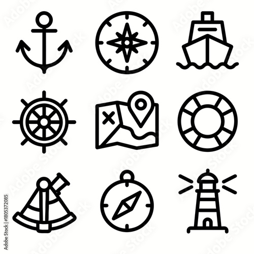 Nautical icons: anchor, compass, ship, steering wheel, map, lifebuoy, sextant, lighthouse