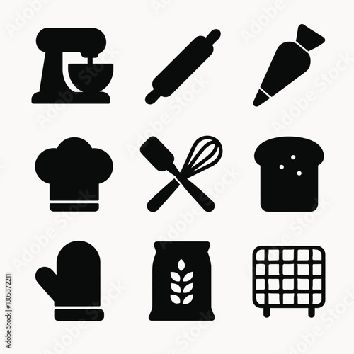 Baking icons: mixer, rolling pin, pastry bag, chef hat, tools, bread, mitt, flour, cooling rack