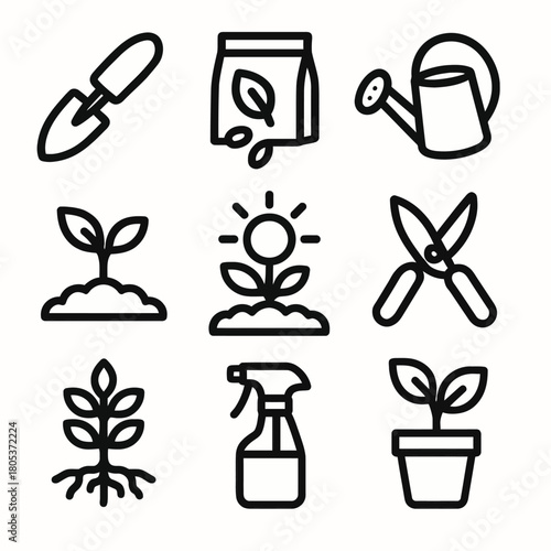 Garden tools and plant icon set: trowel, seeds, watering can, pruners, growth stages