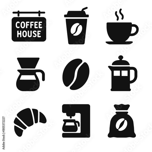 Coffee icons set: cups, beans, and brewing methods in black silhouettes