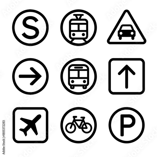 Set of transportation symbols including car, bus, bike, airplane, train, and directional arrows