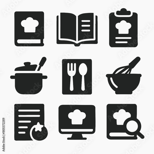Collection of cooking icons featuring tools and recipe books