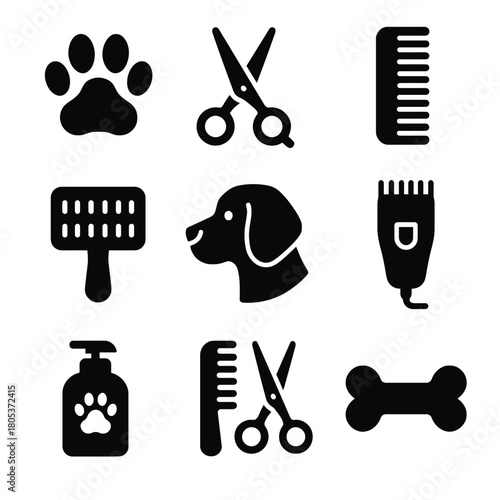Pet grooming tools and supplies icons set for dogs