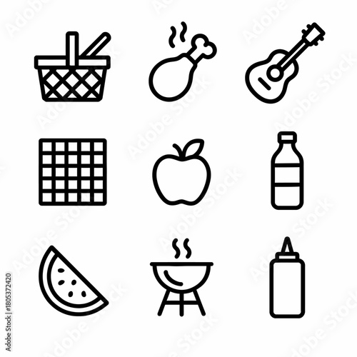 Picnic icons: basket, chicken leg, guitar, blanket, apple, bottle, watermelon, grill, condiment bottle
