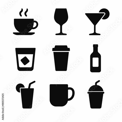 Set of beverage icons including coffee, wine, cocktail, and more in silhouette design