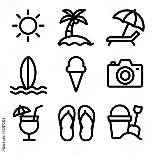 Summer beach icons: sun, palm, umbrella, surfboard, ice cream, camera, drink, flip-flops, bucket