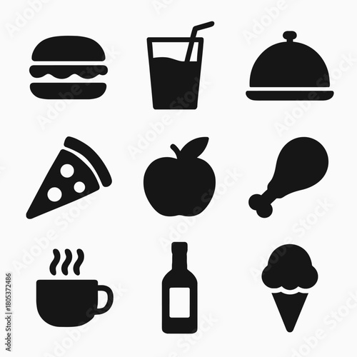 Collection of nine black food and drink icons on white background