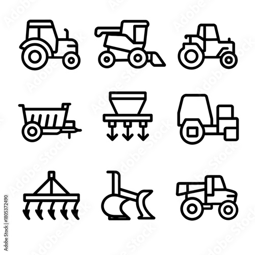 Set of farm equipment icons featuring tractors and harvesting tools