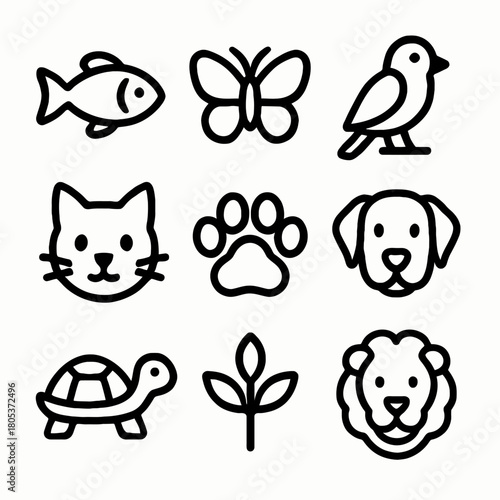 Outline icons of animals and nature including dog, butterfly, bird, lion, fish, cat, and plant