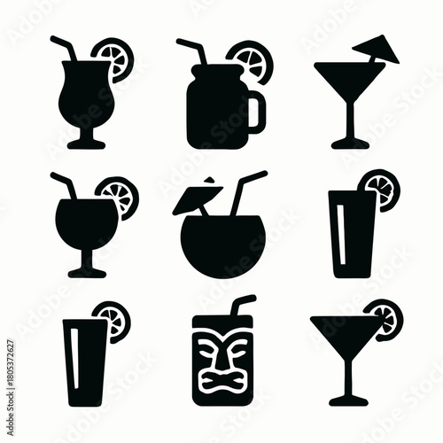 Silhouette icons of various tropical cocktails with garnishes