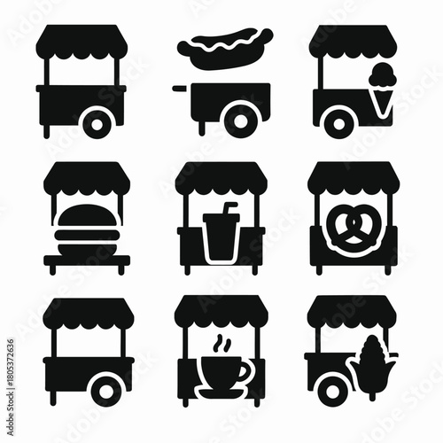 Set of nine black silhouette icons of street food carts and snacks