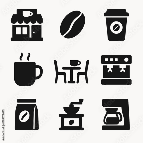 Coffee shop icons: cafe, coffee cup, grinder, espresso machine, table setup