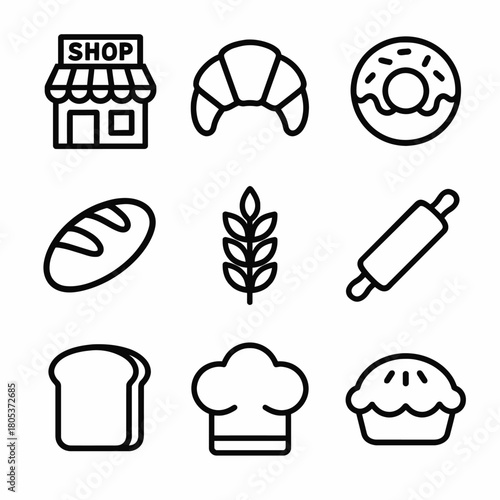Bakery icon set: shop, croissant, doughnut, bread, wheat, rolling pin, toast, chef hat, pie