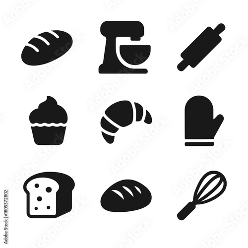 Collection of baking icons: bread, mixer, rolling pin, cupcake, croissant, oven mitt, whisk