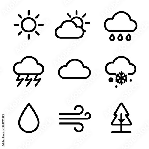 Simple weather icon set: sun, cloud, rain, thunder, snow, wind, tree