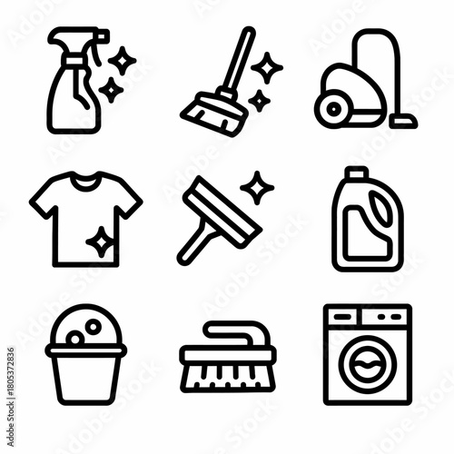 Set of cleaning icons featuring tools and appliances in line art style