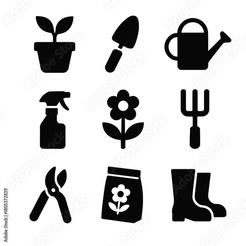 Black garden tools and plant icons collection for gardening enthusiasts