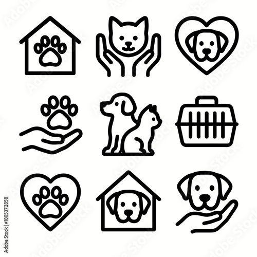Pet care icons: dogs, cats, paw prints, and animal shelters