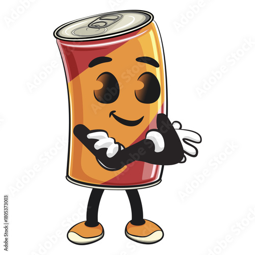 cute soda can mascot folding his arms calmly, cartoon drink character vector illustration, work of hand drawn