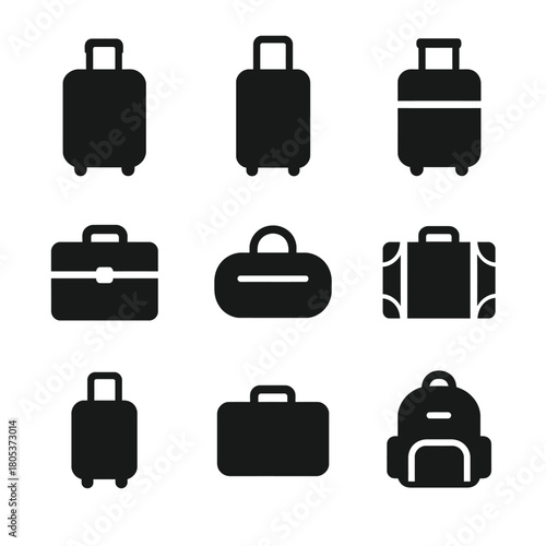 Set of nine travel bag icons featuring suitcases and backpacks