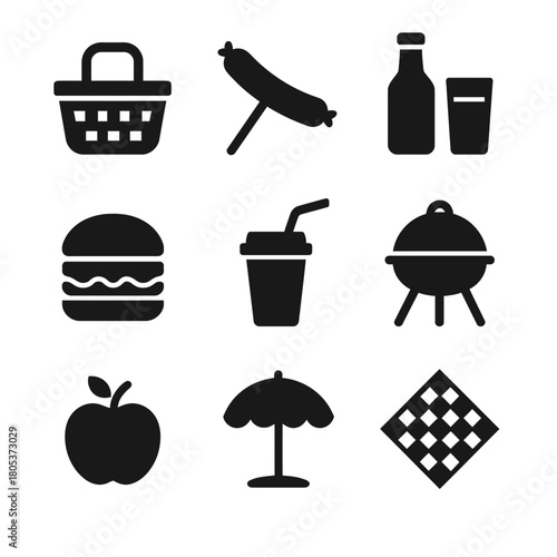 Silhouette icons: picnic basket, grill, food and drink items, apple, umbrella, checkerboard