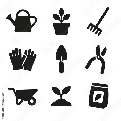 Black silhouette icons of gardening tools and plants on white background