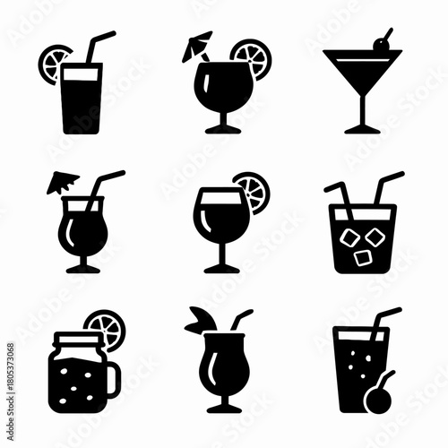 Set of nine beverage icons including cocktails and refreshing drinks with garnishes