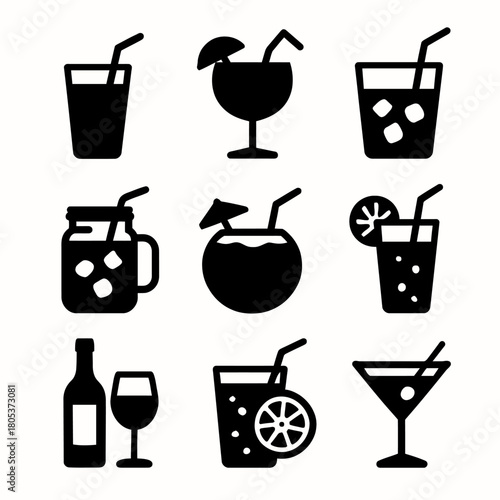 Silhouette collection of mixed drinks and cocktails with straws and garnishes